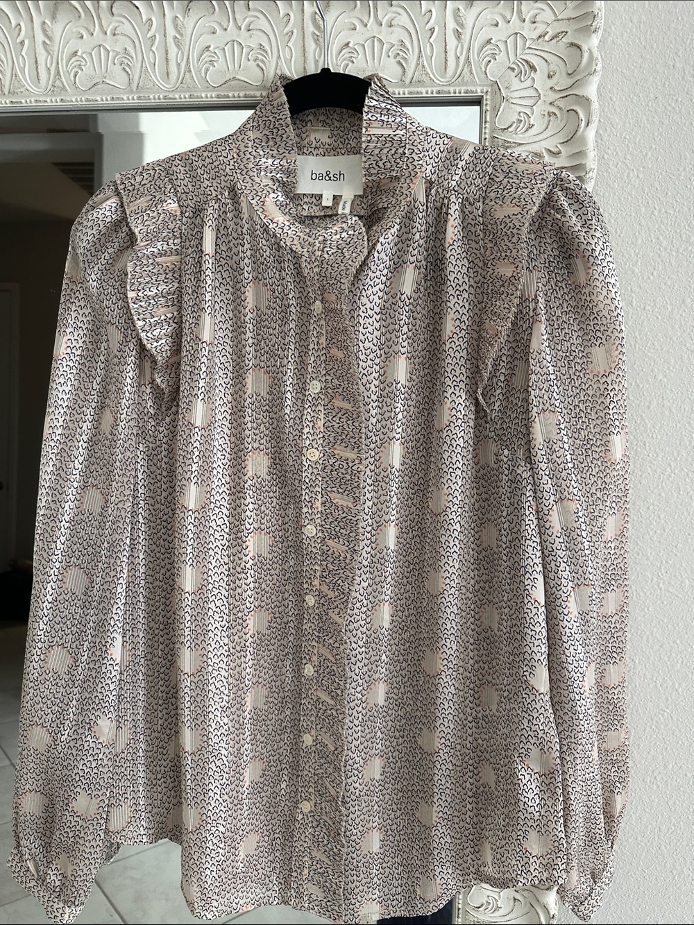 ba&sh Pink and Navy Printed Ruffle-Trim Button Down Blouse